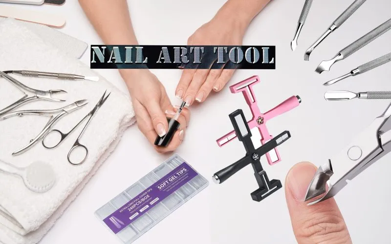 top view of manicure tools set for nail care over light background - brush, scissors, nail polish, file and tweezers.